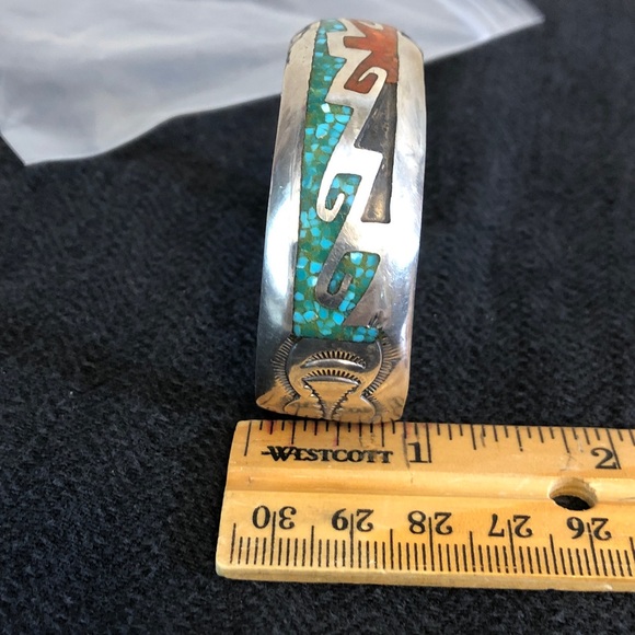 DELVIN NELSON Navajo Sterling Turquoise & Coral Inlay Cuff Bracelet Please Read - Picture 7 of 8